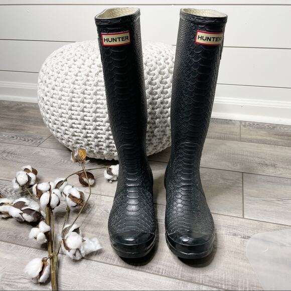 Hunter Carnaby Snake Boa Tall Wellies Rain Boots Black Size 6M - Picture 1 of 10